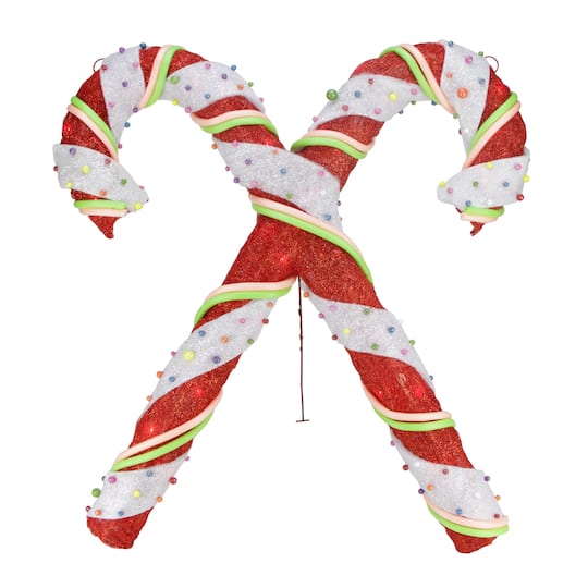 26" Red & White Lighted Sisal Double Candy Cane Outdoor Christmas Décor